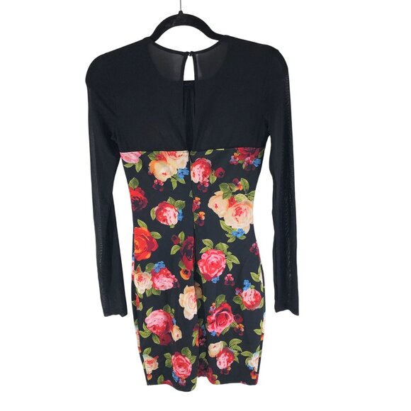 Guess Bodycon Dress Long Sleeve Mesh Sweetheart Neckline Floral Pink Black XS - Picture 2 of 4